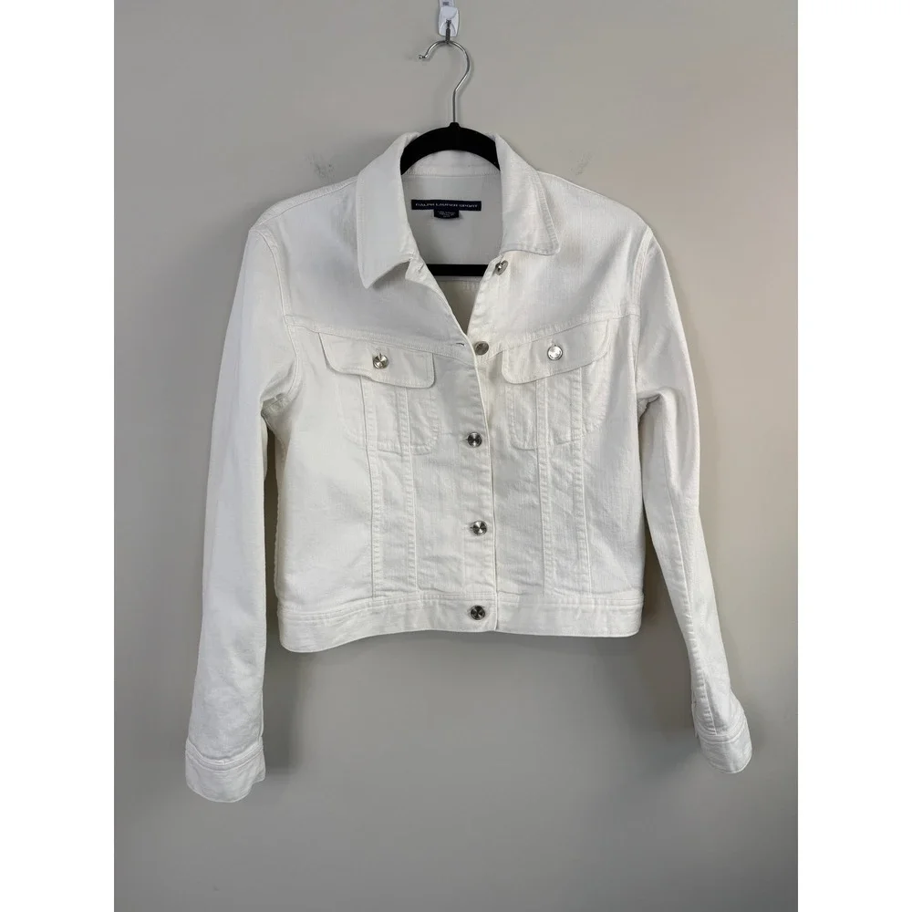 Ralph Lauren Sport Denim Jacket Women's Medium White Cotton Blend Trucker Jacket - Picture 1 of 7